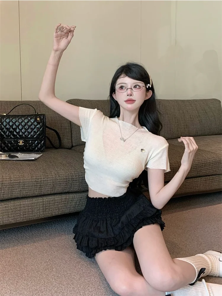 

Женские комплекты с милым сердечком, мягкая укороченная футболка для отдыха, многоуровневое мини-бальное платье для девочек, юбка, летняя элегантная Y2k, горячая распродажа