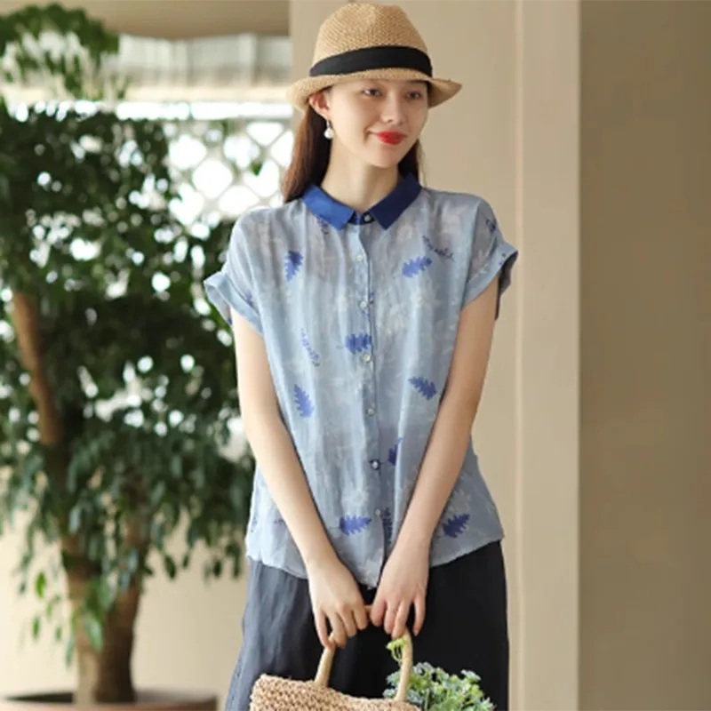 Women Summer Casual Shirt New Arrival 2024 Vintage Style Floral Print Loose Comfortable Female Short Sleeve Tops Shirts B3776