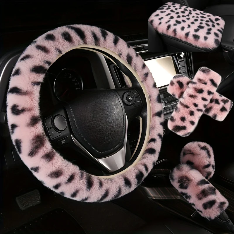 6 pcs new faux rabbit fur leopard print car steering wheel cover plush rally steering wheel handle cover 15 inch universal