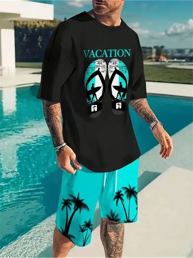 1Pc Men's Slipper Print T-Shirt Tropical Vacation Design Flip-Flops Palm Tree Graphic Round Neck Short Sleeve Tee Beachwear