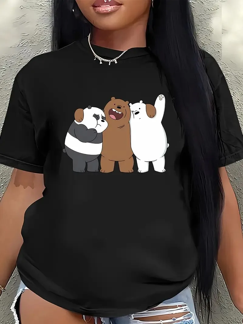 

We Bare Bears Themed Cotton Tee Charming Grizz Panda Ice Bear Print Soft Pure Cotton for Casual Wear New Arrival Tee S-4XL