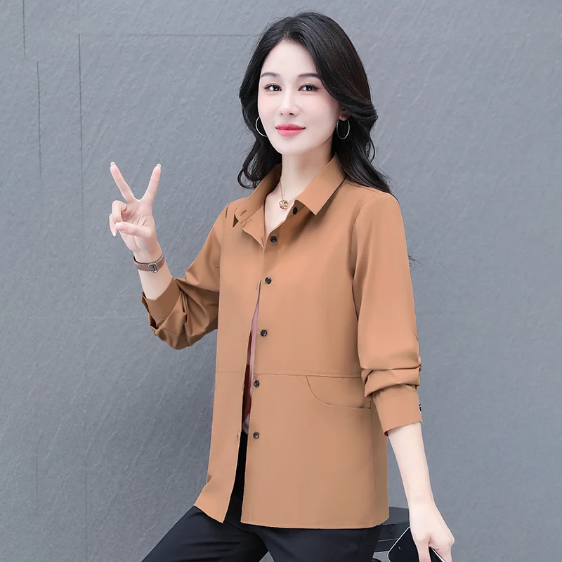 

New Female Spring And Autumn Korean Edition Fashion Versatile Pure Color Collar Shirt Women'S Loose Casual Long Sleeve Top