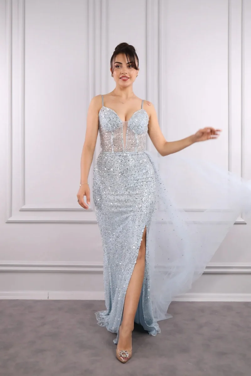 Jessica-Robes de Rhen tulle sirène avec fentes latérales, robe de mariée bleu clair, paillettes scintillantes, robes de princesse personnalisées, 2025