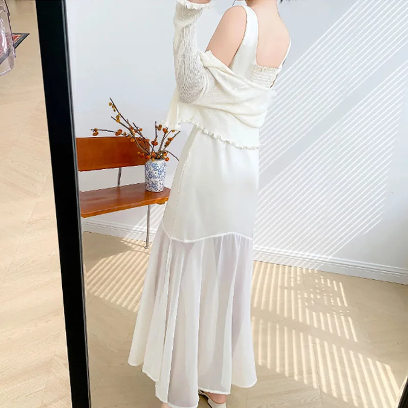 여성 우아한 화이트 새틴 베스트 이브닝 파티 드레스 섹시 루치드 슬림 여성 쉬폰 스플라이싱 러플 머메이드 드레스 2025