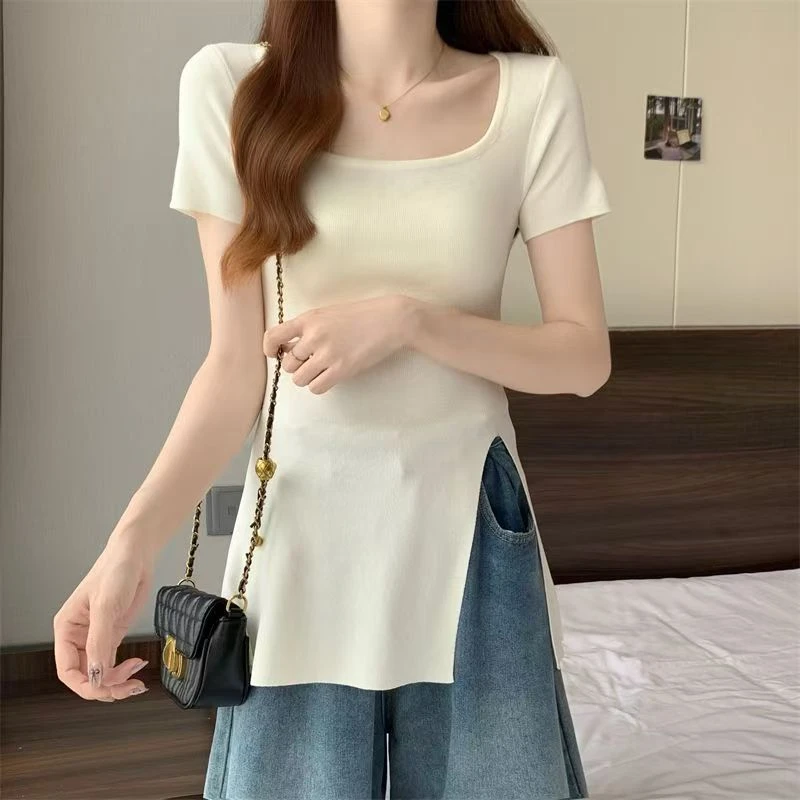 Large size women\'s fat mm summer new 2024 solid color fashion square collar knit shirt thin cover belly split shirt tide