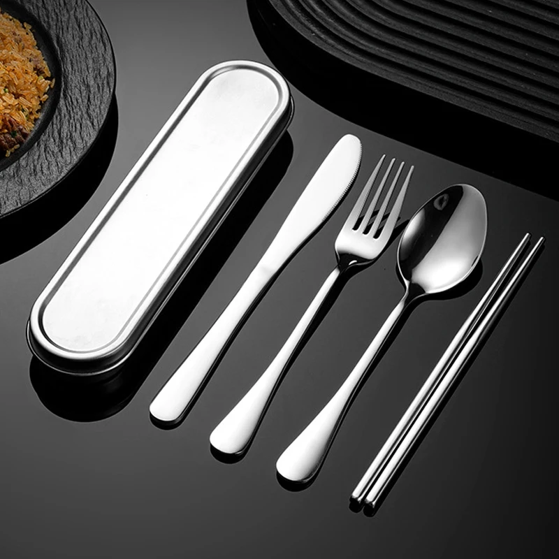 OUKEAI 304 Stainless Steel Cutlery Fork Spoon Chopsticks Set Portable Cutlery Box Outdoor Camping Cutlery