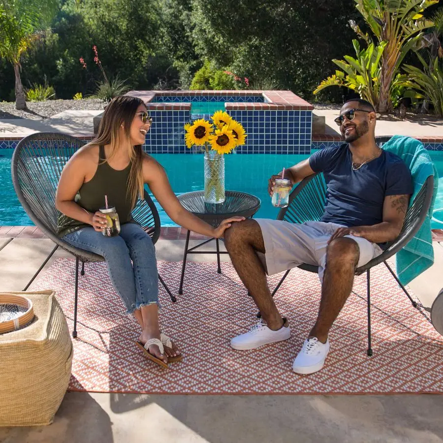 3Piece Outdoor Acapulco AllWeather Patio Conversation Bistro Set w Plastic Rope, Glass Top Table and 2 Chairs Gray