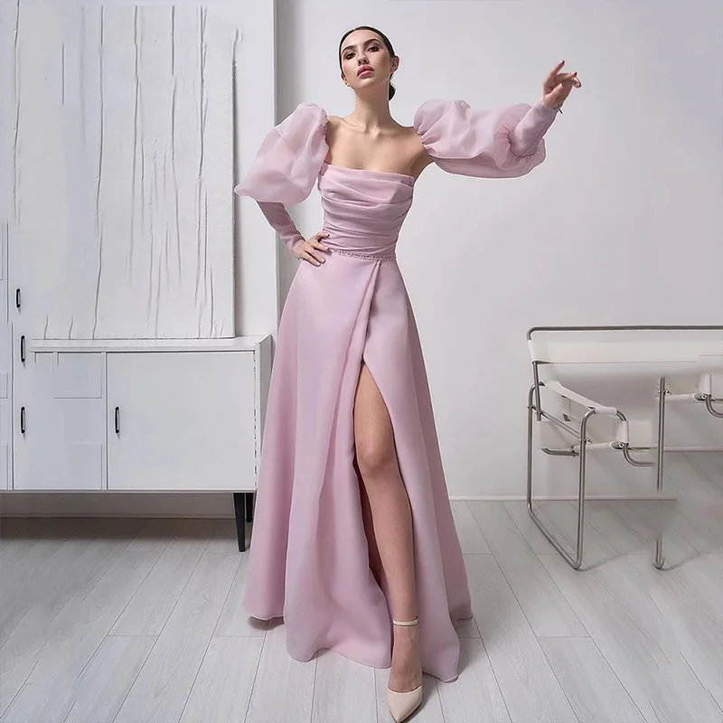 

Purple A-line pleated beaded sexy backless puffy long sleeves elegant lady custom evening dress party dance formal occasion