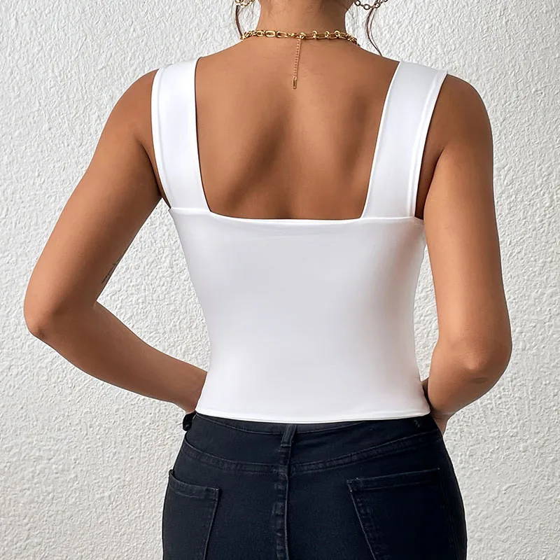 2023 sommer Frauen Sexy Ärmellose Tanks Tops Einfarbig Grundlegende Square Neck Leibchen Elegante Off Schulter Backless Kurze Weste