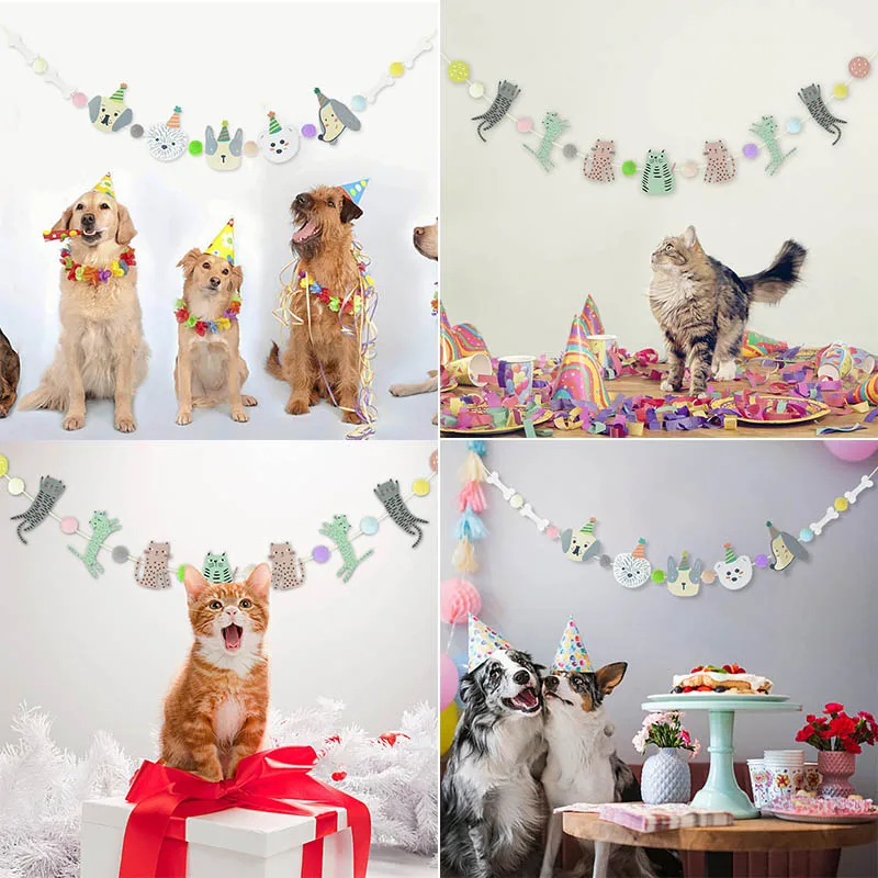 1 Set Lovely Cat Dog Design Paper Banner Bunting Pet Birthday Party Decoration Garland For Baby Shower Kids Birthday Favor Decor