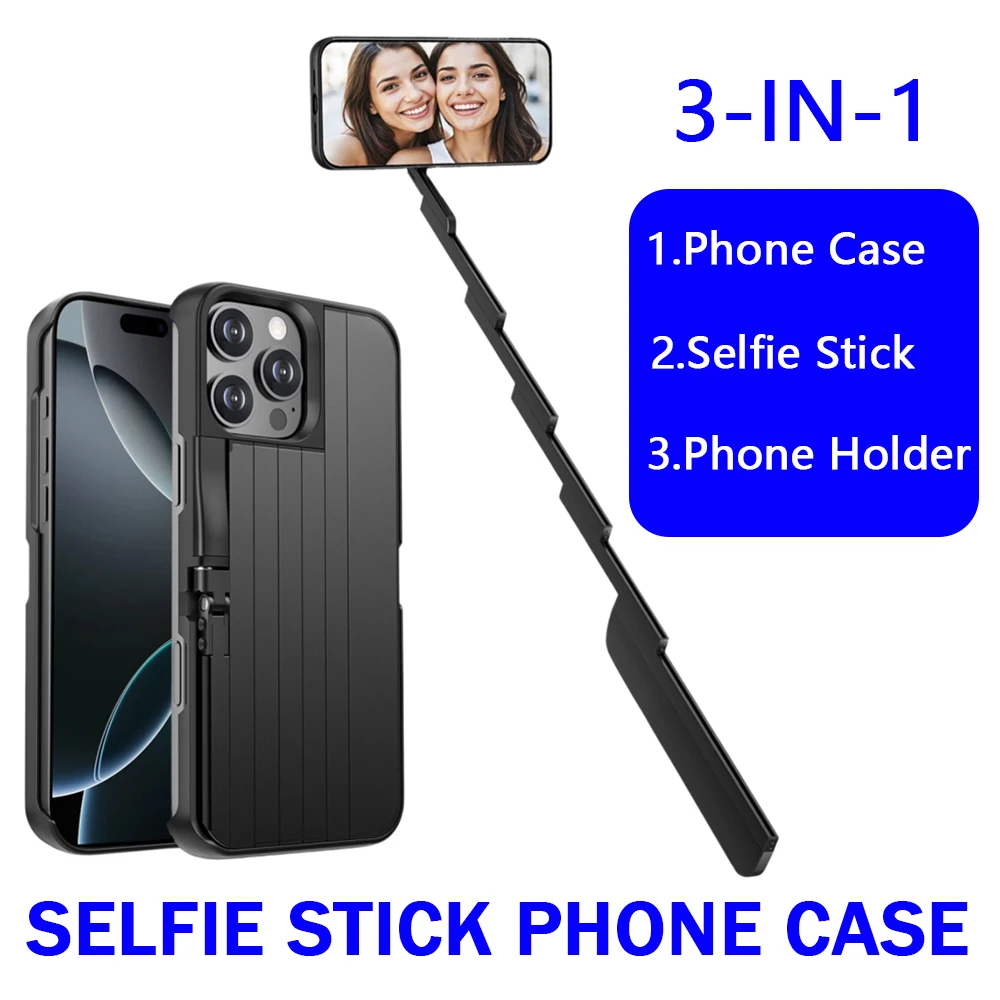 

Многофункциональный чехол для iPhone 15 16 Pro/ProMax с встроенной селфи-палкой 60 см для Bluetooth-подключения, ударопрочный чехол-держатель