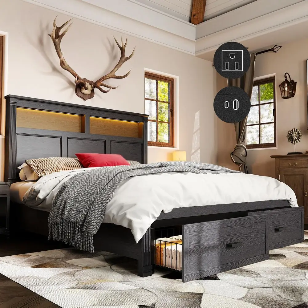 

Tall King Bed Frame with Headboard and Storage, 2 Drawers and LED Built in Charging Station Bed Frame King Size with Farmhouse