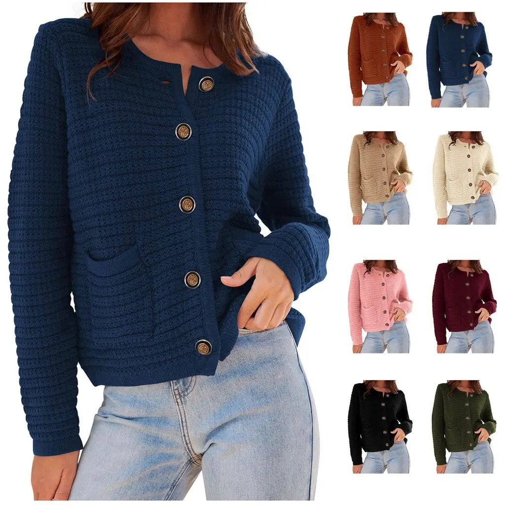

Women's Retro Knitted Cardigan Long Sleeve round Neck Casual Autumn Clothing European And United States Style Commuter Fashion