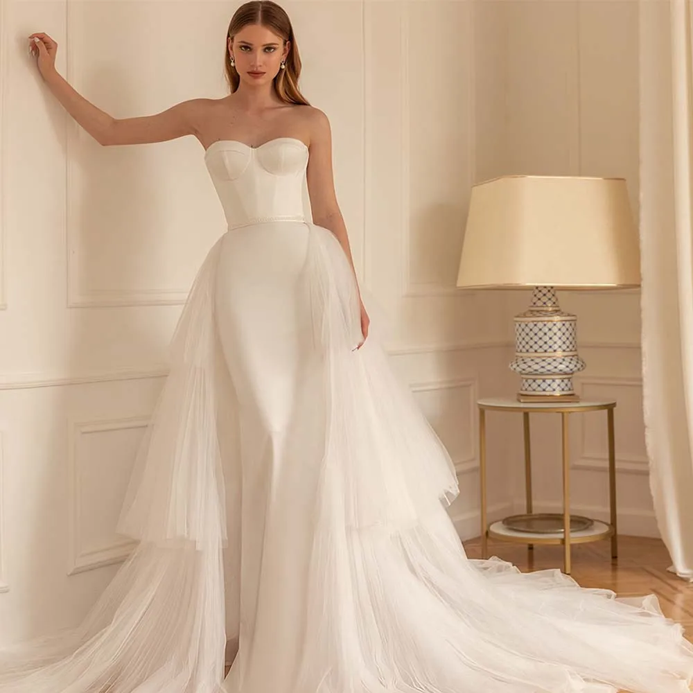 

Mermaid Wedding Dresses Strapless Backless Sweetheart Satin Tulle Wedding Gowns Detachable Train Floor Bride Dress For Women