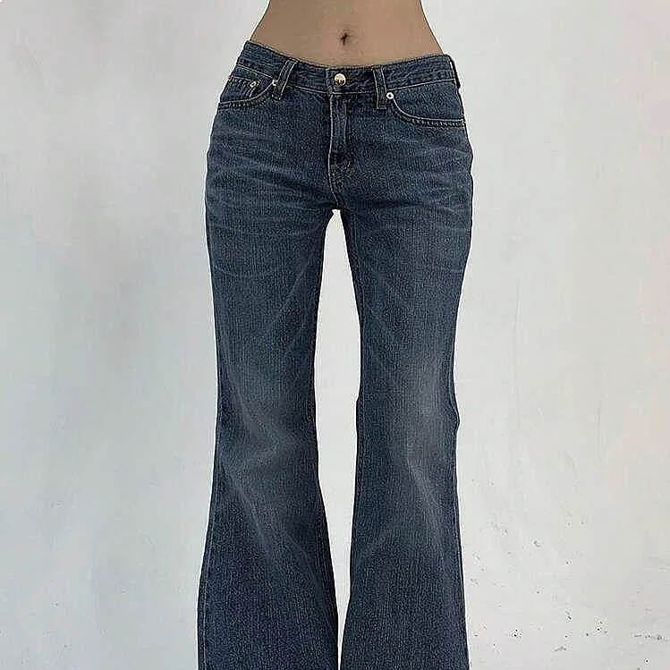 American vintage low waist double button bell bottom jeans skinny stretchy denim pants for women spring summer