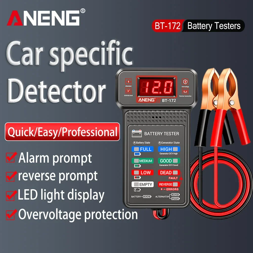 

12V Digital Battery Testers Car Battery Indicator with Alligator Clips LED Battery Status Indicator Electrician Tools BT-172