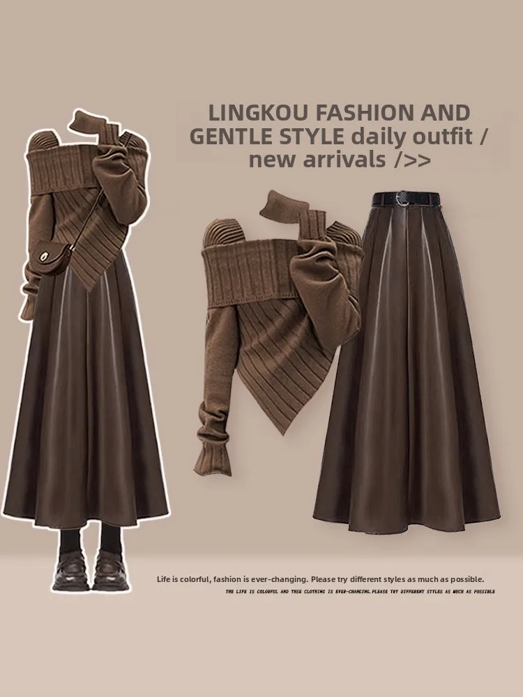 

plus Size Autumn Winter Knitted Set Women's Retro American Sle High Waist Slimming Skirt Two Piece Suit oulder Bared