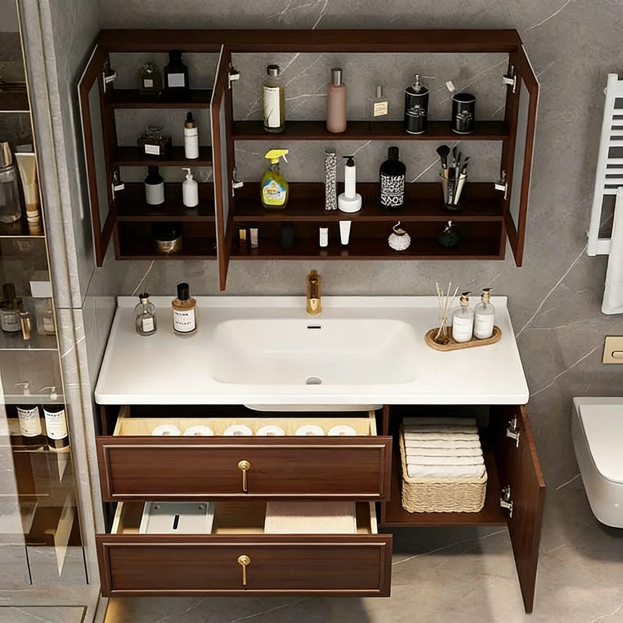 

bathroom cabinet combination, oak ceramic integrated basin, solid wood bathroom cabinet, wall cabinet washbasin