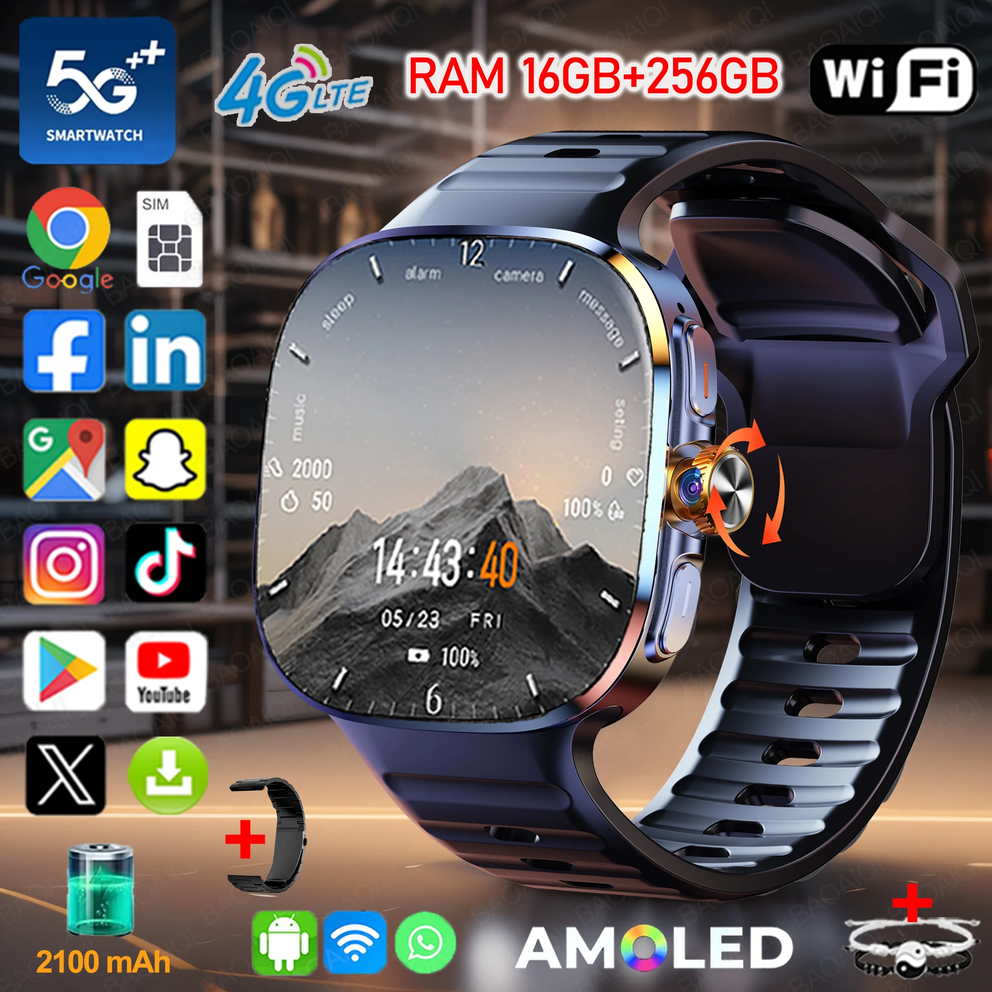 2.40인치 대형 화면 4G/5G 스마트워치 190 ° 회전식 카메라 GPS 위치 WIFI 연결 앱 다운로드 안드로이드 10.0 스마트 워치