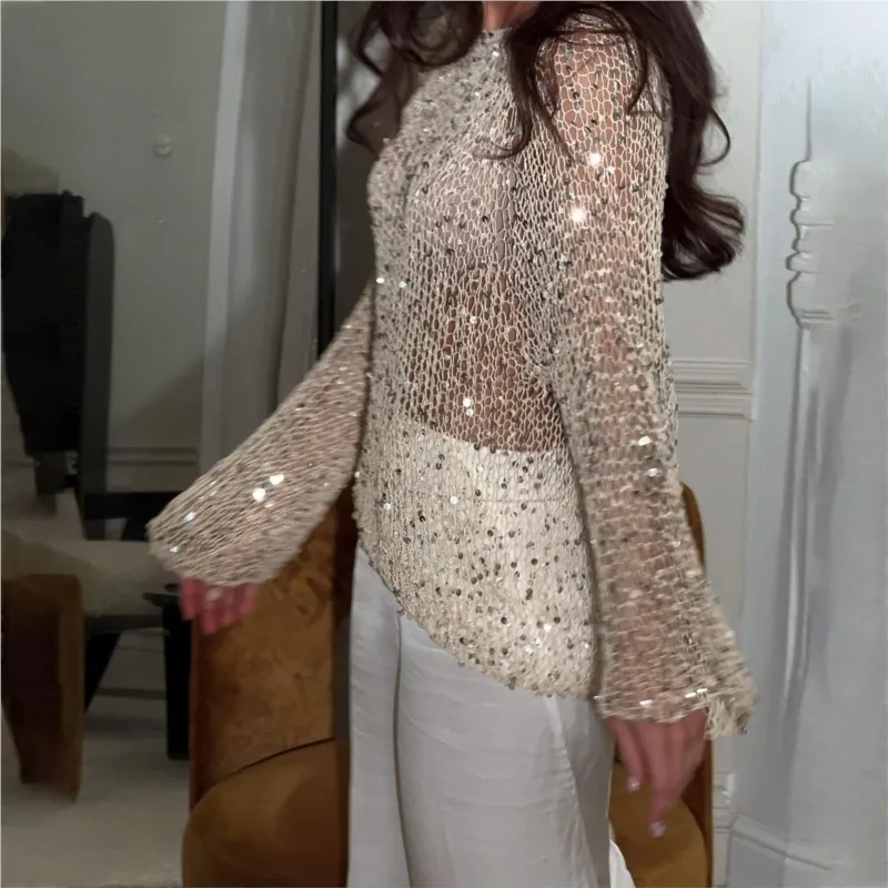 Fashion Sexy See Through Hollow Out Shiny Tops Women Round Neck Loose Sequins Glitter Pullover Hot Chick Chic Sequins Outfits