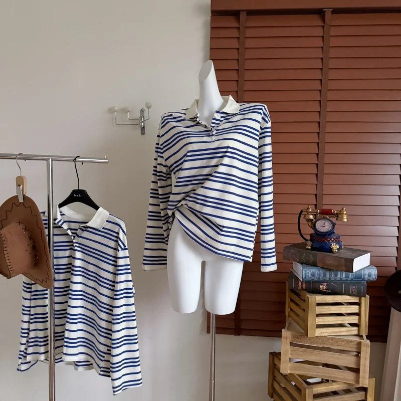 

Women's Spring Autumn Casual Polo Collar Long Sleeve Stripe Loose T Shirt Lady Chic Pullover Basic Tee
