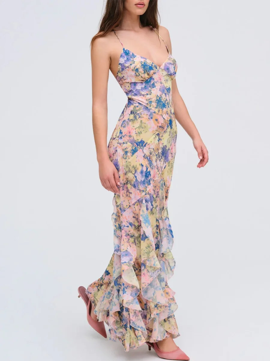 TWOTWINSTYLE Spring Outing Elegant Yellow Floral Gown Female V Neck Sleeveless Mermaid Ruffle Hem Watercolor Print for Art Event