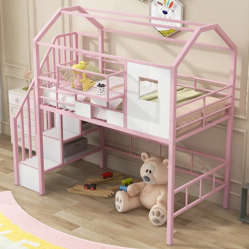 5-in-1 Metal Loft Bed with Roof Design and A Storage Box,Twin, Pink Bed for Girls From 6 To 12  Years Princesses Hildren Beds US