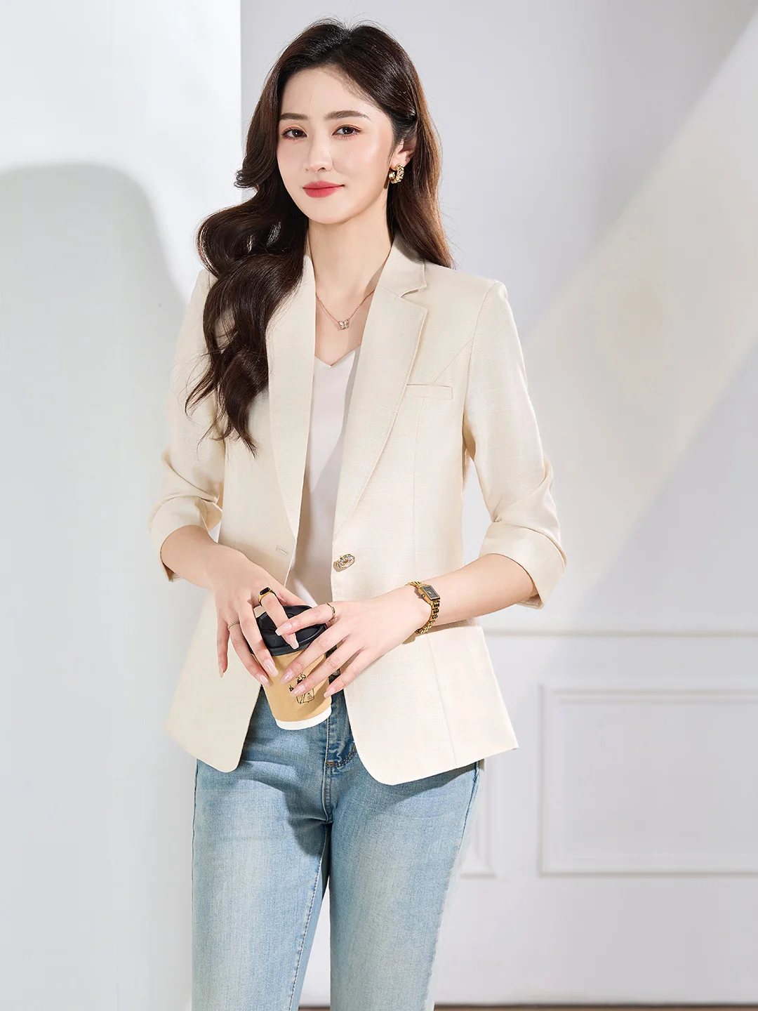 

Business Women's Jacket Three-Quarter Sleeve Commute Style Korean Simple Fashion Polyester Fiber Half Summer