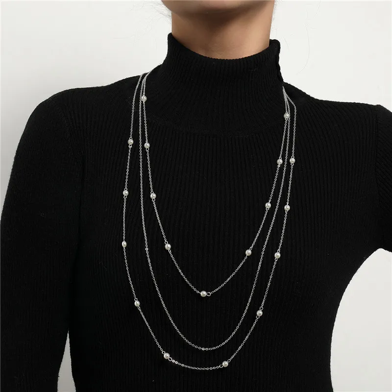 Gold Color Multilayer Long Imitation Pearl Chain Necklace for Women Simple Metal Round Beads Choker Necklaces Fashion Jewelry
