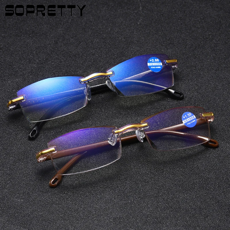 Diamonds Cutting Rimless Anti Blue Light Reading Glasses, Men Women Plastic Hyperopia Presbyopia Frameless Eyeglasses R802