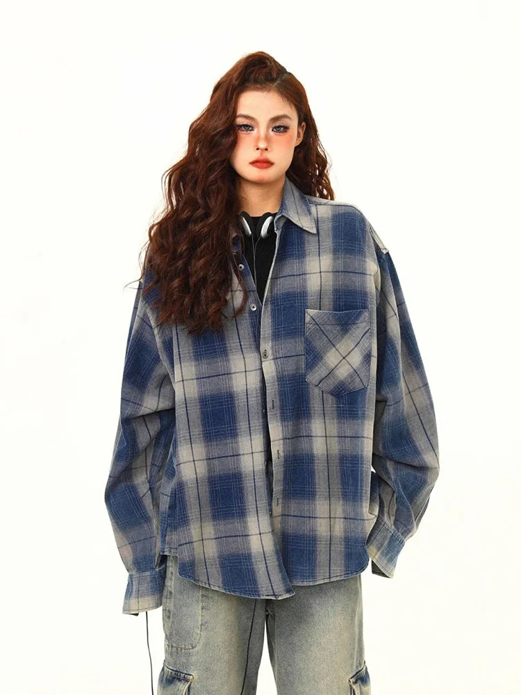 

Streetwear American Plaid Shirt Women Oversize Loose Vintage Long Sleeve Blouse Hip Hop Casual Retro Harajuku Bf Pockets Tops