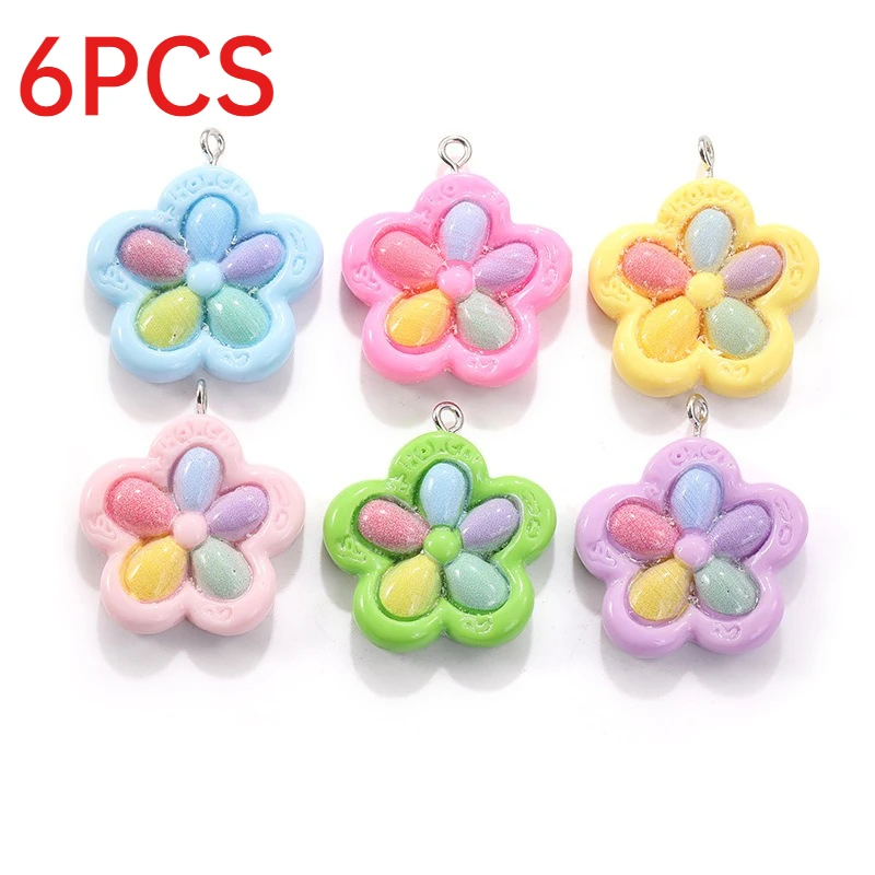 6Pcs Colorful 5‑Petal Flower Charms Resin DIY Accessories For Necklace Earring Keychain Pendant Making