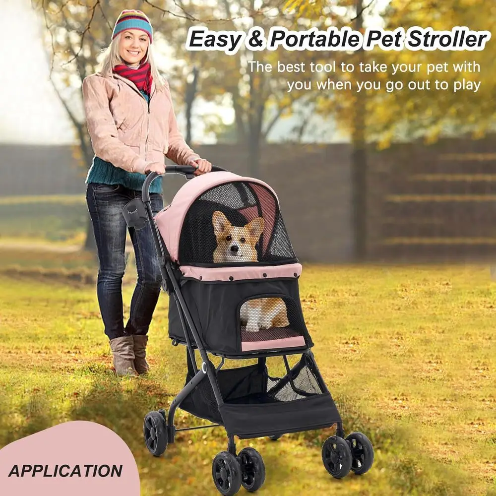 عربة أطفال للحيوانات الأليفة قابلة للطي بأربعة عجلات للكلاب والقطط بوزن 10-36 رطل مع مساحة تخزين، وحامل أكواب، شبكي، لجميع المواسم - وردي #6