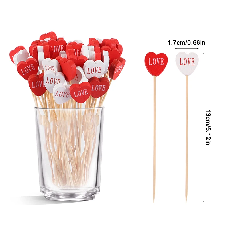 100pcs Love Heart Cupcake Topper Food Pick Dessert Buffet Bamboo Stick Wedding Valentines Day Decoration Birthday Party Supplies