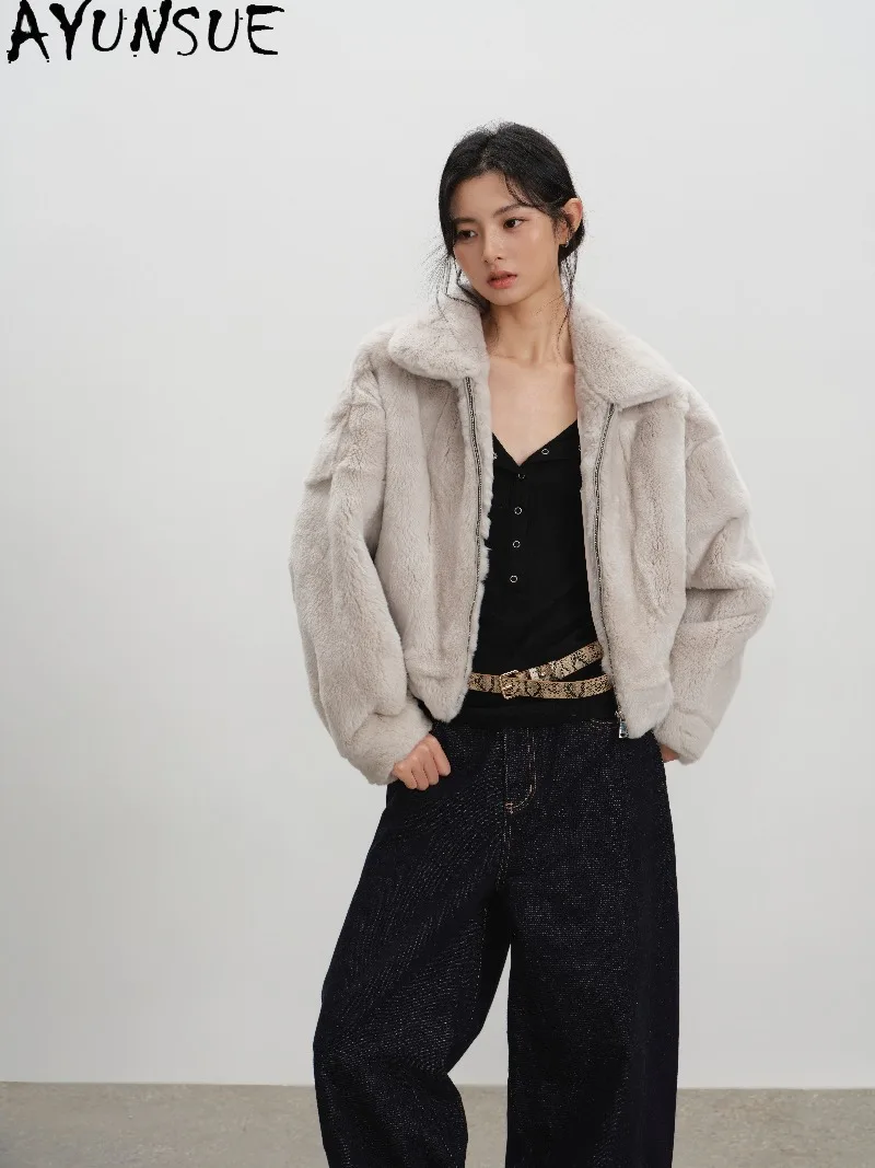 AYUSNUE Ladies Rex Rabbit Fur Coat Small Lapel Vintage Real Fur Jacket Loose Fit Womens Winter Clothes New 2026 Пальто Женское