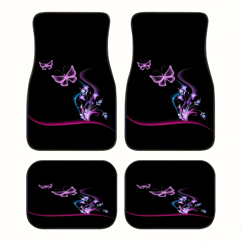 4pcs Fantasy Purple Butterfly & Flower Pattern Car Floor Mats Set - Anti-Slip, Dustproof, Midnight Violet Dreamy Print Design, F