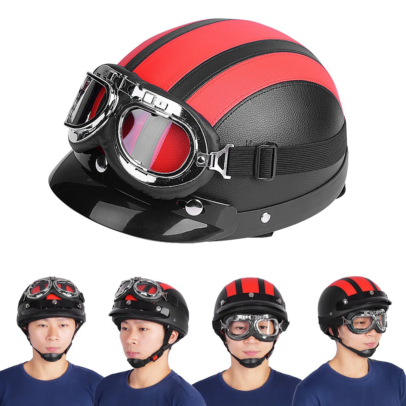 Leather Helmet with Visor UV Goggles Universal Motorcycle Scooter Synthetic Leather Open Face Half Helmet & Visor UV Goggles