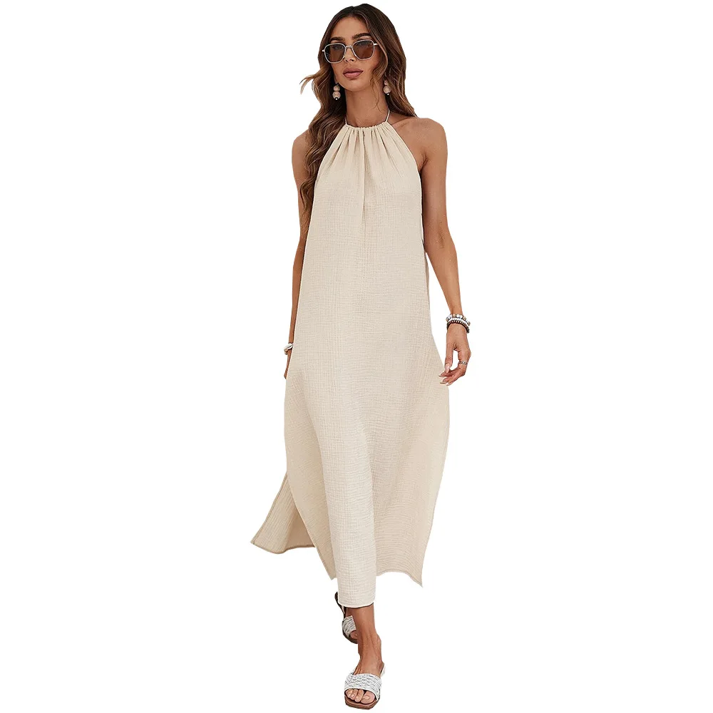 100% Cotton Gauze Womens Dresses Sexy Halter Sleeveless Backless Bandage Tie Up Holiday Boho Dress