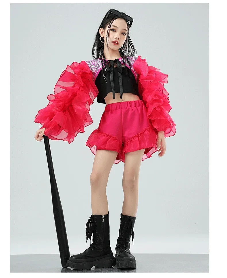Mädchen Rosa Paillettenkleid mit Puffärmeln Jazz-Tanz Laufsteg-Show-Kostüm Trendiges Kinder-Auftritts-Outfit – Detail 10