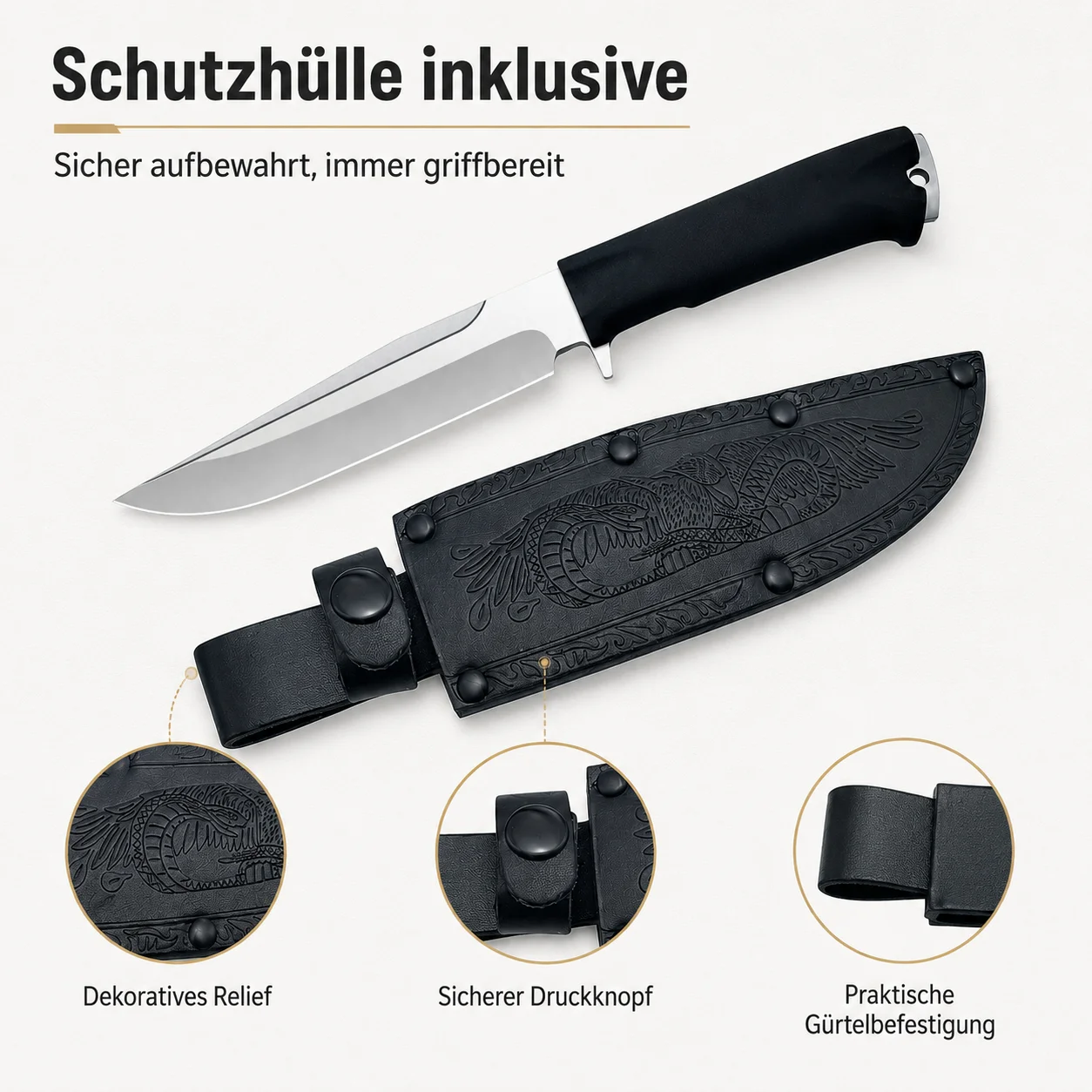 Cuchillo Utilitario de Hoja Fija de 29 cm para Exteriores con Mango Ergonómico de Plástico, Hoja con Recubrimiento Negro y Funda con Relieve para Camping