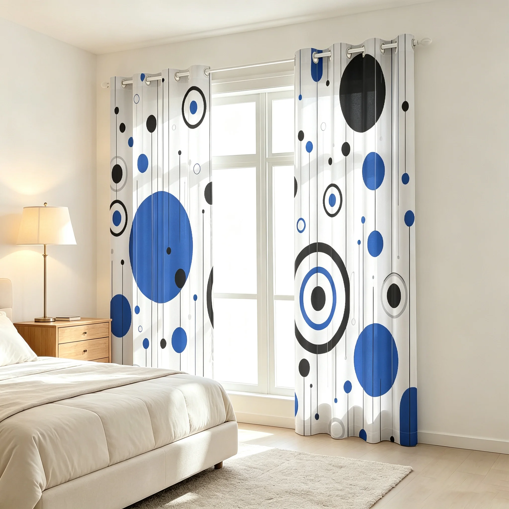 2pcs Blue Black Geometric Ring Line Print Curtains With Holes Double Sided For Living Room Bedroom Light Blocking Home Decor