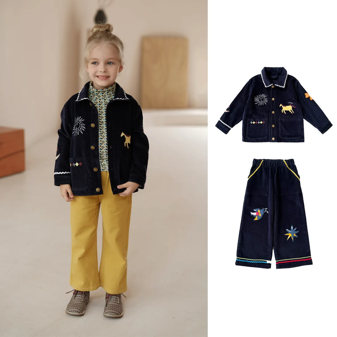 

Children's Jacket Set 2025 Winter New Arrival Blue Print Fashion Thickened Warm Girls' Coat Pure Cotton Embroidered Casual Pants