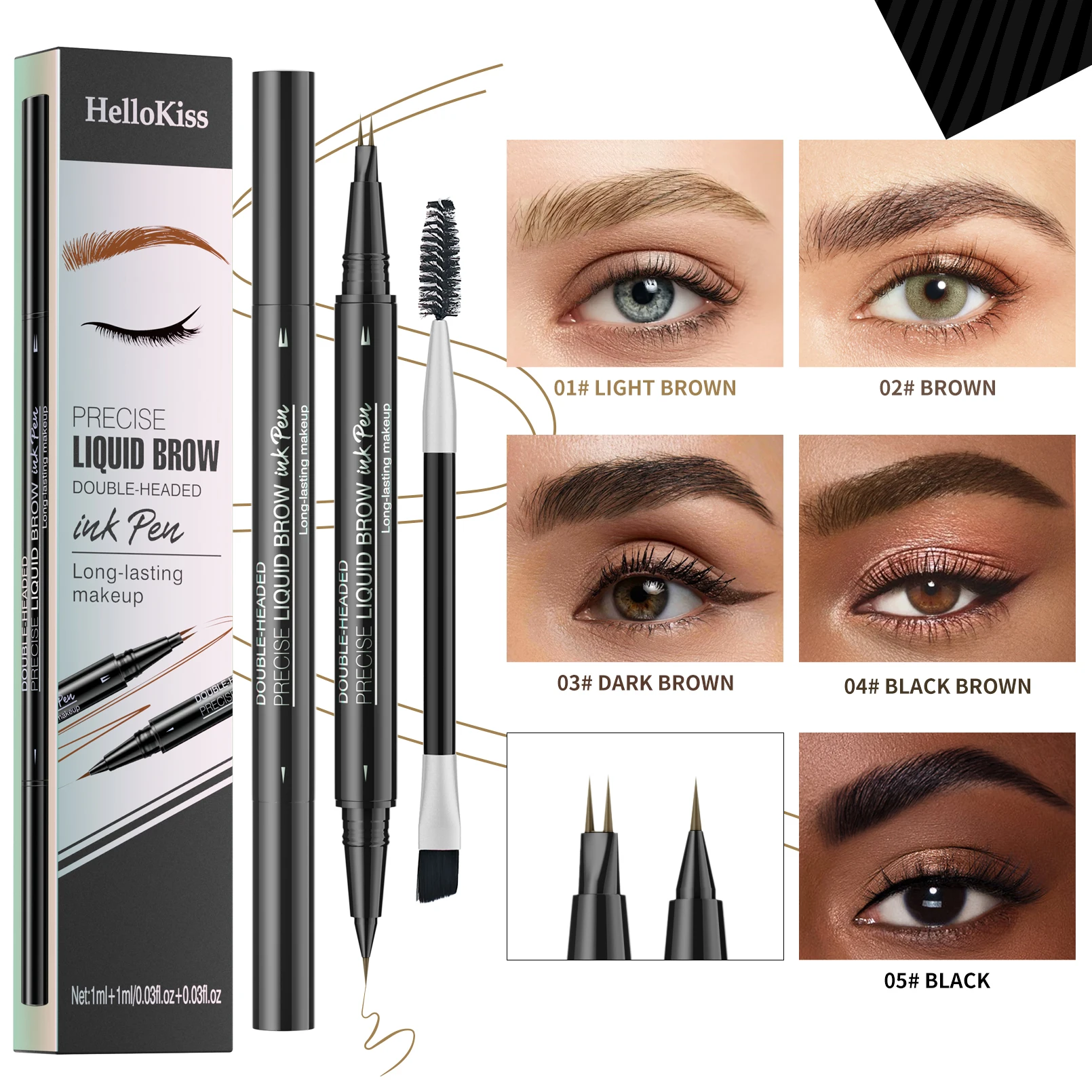 Hellokiss Two-Pronged Liquid Eyebrow Pencil, Waterproof and Sweat-Proof Wild Double-Ended 2-in-1 Liquid Eyebrow Pencil