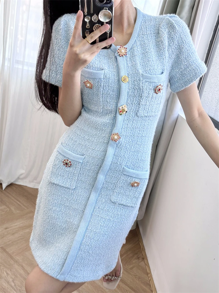 Mist blue dress with diamond buckle pockets, decorative temperament, knitted short skirt, women\'s French 24 new women\'s clothing