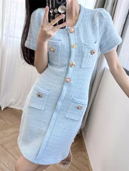 Mist blue dress with diamond buckle pockets, decorative temperament, knitted short skirt, women's French 24 new women's clothing