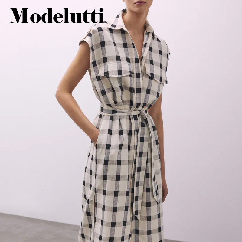 Summer 2023 New Short Sleeve Polo Neck Fashion Women Plaid Striped Shirt Midi Dress Belt Simple Casual Female Robe