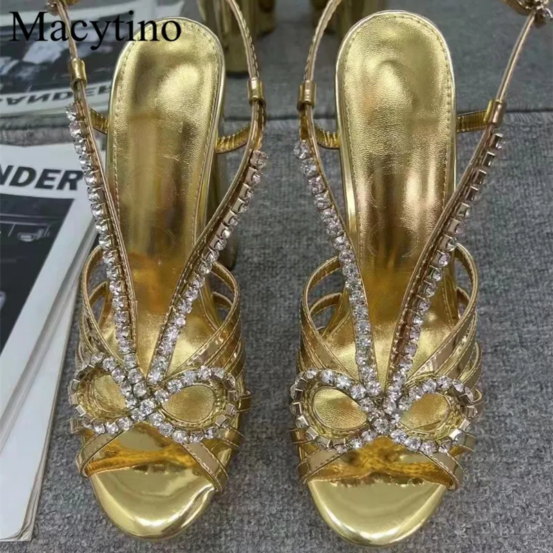 Wedge Heel Design Ladies Sandals Round Toe Gemstone Rhinestone Decorative Heightening Sandals Fashion Party Sandals