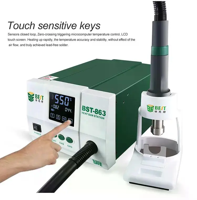 BST-863 Hot Air Gun Desoldering Station ดิจิตอลจอแสดงผล LCD Touch Thermostat Anti-static Hot Air Gun