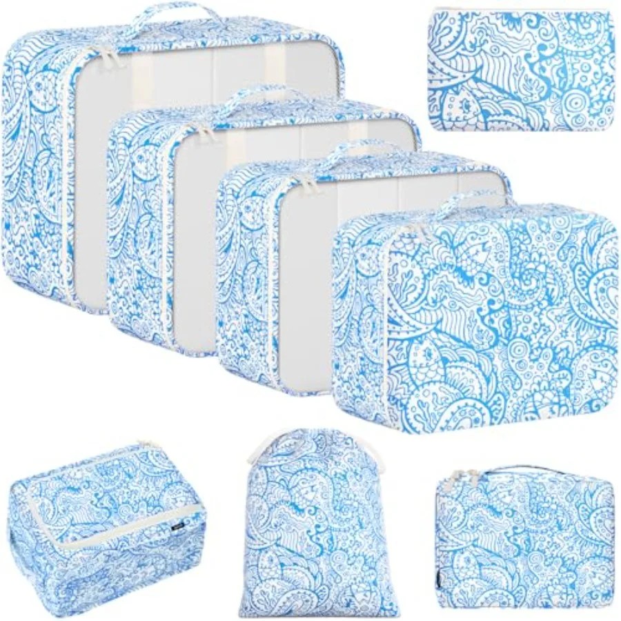 

8 Set Packing Cubes Luggage Packing Organizers for Travel Accessories Blue Paisley