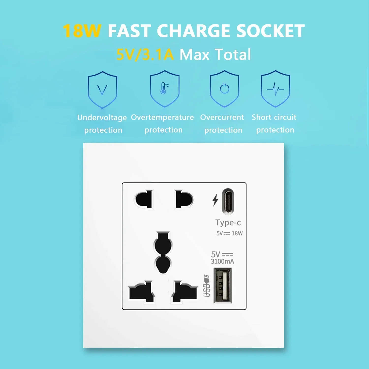 UK 13A Wall Socket with USB Type C 18W Quick Charge Power Outlet,Universal Electrical  Wall Light Switch Dual 3-pin Socket 220V